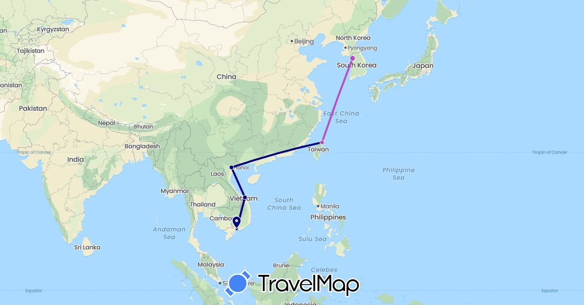 TravelMap itinerary: driving, train in South Korea, Taiwan, Vietnam (Asia)